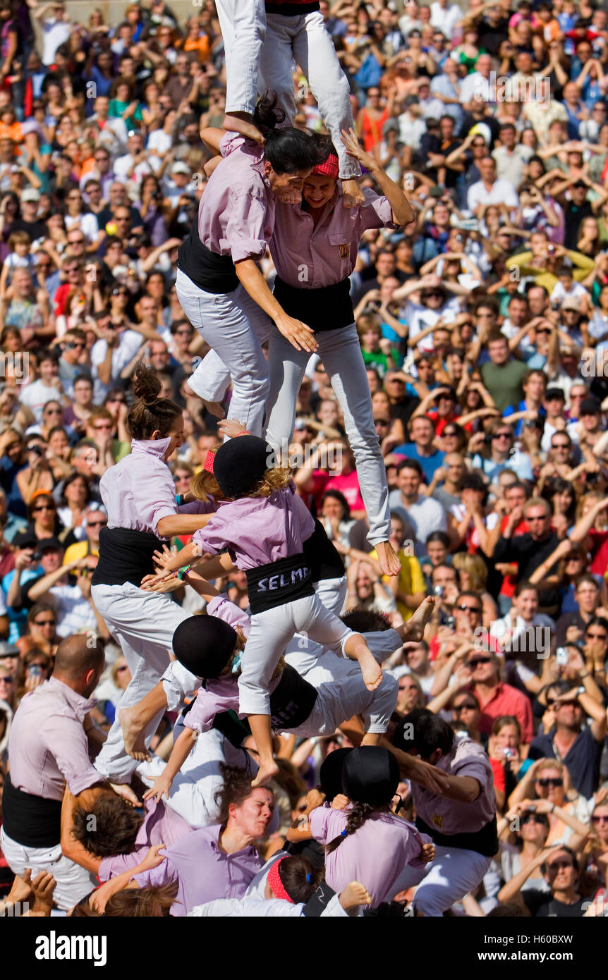 Minyons de Terrassa.Human tower falling, `Castellers´ is a Catalan tradition.Festa de la Merçe, city festival. Plaça de Sant Jau Stock Photo
